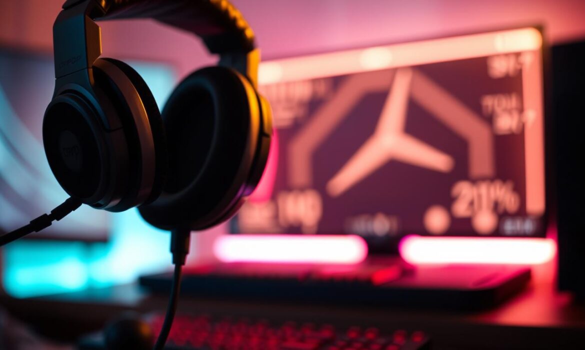 A close-up image of a high-quality open-back headset, specifically the Drop + EPOS PC38X, showcasing its distinctive design and large, cushioned ear cups. The headset should be angled slightly to the left, highlighting the mesh and fabric qualities that enhance sound immersion. In the foreground, the microphone is visibly extended, demonstrating its position and detail. The middle background features a soft, blurred gaming setup with a subtle glow from RGB lights, evoking an energetic yet immersive gaming atmosphere. Use warm, diffused lighting to create a cozy feel, and a shallow depth of field to emphasize the headset while softly blurring the background elements. The overall mood should evoke sophistication and high performance, ideal for gamers seeking the best auditory experience. A close-up image of a high-quality open-back headset, specifically the Drop + EPOS PC38X, showcasing its distinctive design and large, cushioned ear cups. The headset should be angled slightly to the left, highlighting the mesh and fabric qualities that enhance sound immersion. In the foreground, the microphone is visibly extended, demonstrating its position and detail. The middle background features a soft, blurred gaming setup with a subtle glow from RGB lights, evoking an energetic yet immersive gaming atmosphere. Use warm, diffused lighting to create a cozy feel, and a shallow depth of field to emphasize the headset while softly blurring the background elements. The overall mood should evoke sophistication and high performance, ideal for gamers seeking the best auditory experience.