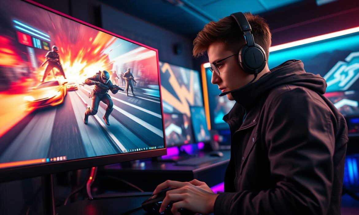 A dynamic gaming environment showcasing the concept of "refresh rate." In the foreground, a high-end gaming monitor displays a vibrant, fast-paced action scene from a competitive video game, with motion blur effects to emphasize rapid movement. In the middle ground, a focused gamer, dressed in a stylish, professional gaming outfit, intensely concentrates on the screen, with their hand on a sleek gaming mouse. The background features a modern gaming setup, highlighted by ambient LED lighting that shifts colors in harmony with the action on the screen. The atmosphere is electric, capturing the excitement and intensity of competitive gaming, with sharp contrasts in lighting to enhance the visual impact. Use a wide-angle lens effect to convey the immersive experience, ensuring a clear depth that draws the viewer's eye toward the monitor.