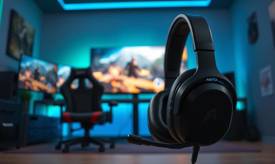 A high-quality image of the Astro A50 X gaming headset prominently displayed against a sleek, modern gaming setup. In the foreground, the headset is showcased in a 45-degree angle view, highlighting its matte black finish and soft cushioned ear pads. The middle ground features a stylish gaming chair and a high-definition monitor displaying vibrant gaming graphics. The background is softly blurred to suggest a cozy gaming room ambiance with ambient LED lighting in blue and green hues. The scene is illuminated with soft, diffused lighting to accentuate the headset's details and create an inviting atmosphere. The overall mood should convey a sense of elite gaming experience and sophistication, appealing directly to dedicated gamers. A high-quality image of the Astro A50 X gaming headset prominently displayed against a sleek, modern gaming setup. In the foreground, the headset is showcased in a 45-degree angle view, highlighting its matte black finish and soft cushioned ear pads. The middle ground features a stylish gaming chair and a high-definition monitor displaying vibrant gaming graphics. The background is softly blurred to suggest a cozy gaming room ambiance with ambient LED lighting in blue and green hues. The scene is illuminated with soft, diffused lighting to accentuate the headset's details and create an inviting atmosphere. The overall mood should convey a sense of elite gaming experience and sophistication, appealing directly to dedicated gamers.