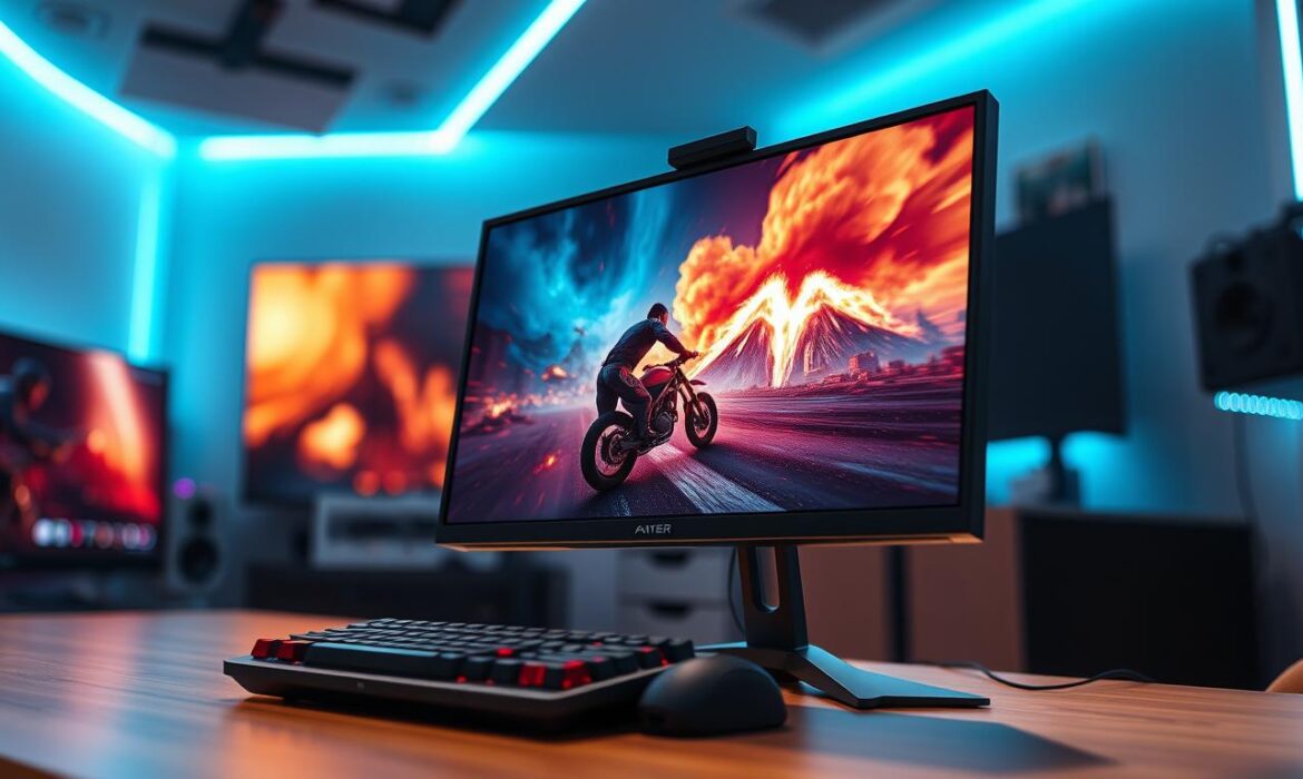 A modern gaming monitor displayed prominently in the foreground, showcasing a vibrant, high-resolution display with a dynamic game scene that emphasizes clarity and color depth. The monitor's sleek design features ultra-thin bezels and an adjustable stand. In the middle ground, a well-organized gaming setup, with a stylish gaming keyboard and mouse, subtly enhances the focus on the monitor. The background features a soft-focus, ambient gaming room environment with subtle LED lighting that casts a cool blue hue, creating a high-energy atmosphere. The composition captures a slightly angled perspective that highlights the monitor’s immersive capabilities. The lighting is bright and even, with a touch of dramatic shadow to enhance depth, conveying a sense of excitement and anticipation for competitive gaming.