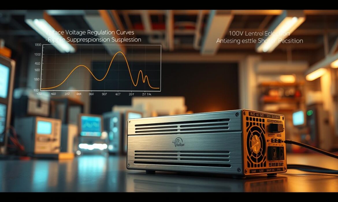 A sleek, modern power supply unit sits prominently in the foreground, its metallic casing reflecting soft, ambient light that suggests efficiency and reliability. In the middle ground, graphical representations of voltage regulation curves and ripple suppression waveforms float gracefully, interwoven with digital elements that symbolize stability and precision. The background features a high-tech laboratory environment, with subtle hints of electrical components and oscilloscopes, highlighting the importance of quality and safety in power supply design. The overall atmosphere is professional and clean, evoking trust and innovation. Use a warm color palette to enhance the feeling of reliability, and incorporate a slight vignette effect for depth, shot from a dynamic low-angle perspective. A sleek, modern power supply unit sits prominently in the foreground, its metallic casing reflecting soft, ambient light that suggests efficiency and reliability. In the middle ground, graphical representations of voltage regulation curves and ripple suppression waveforms float gracefully, interwoven with digital elements that symbolize stability and precision. The background features a high-tech laboratory environment, with subtle hints of electrical components and oscilloscopes, highlighting the importance of quality and safety in power supply design. The overall atmosphere is professional and clean, evoking trust and innovation. Use a warm color palette to enhance the feeling of reliability, and incorporate a slight vignette effect for depth, shot from a dynamic low-angle perspective.